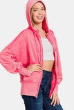 Zenana Acid Washed French Terry Zip-Up Hoodie with Pockets 