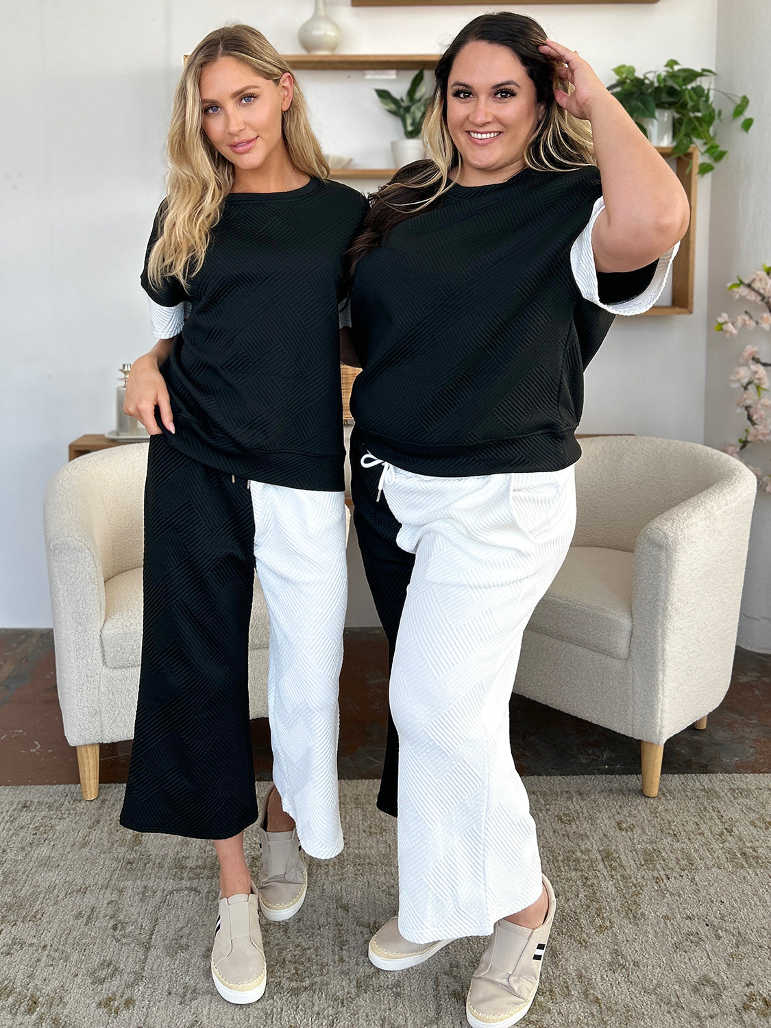 Double Take Full Size Texture Contrast T-Shirt and Wide Leg Pants Set 