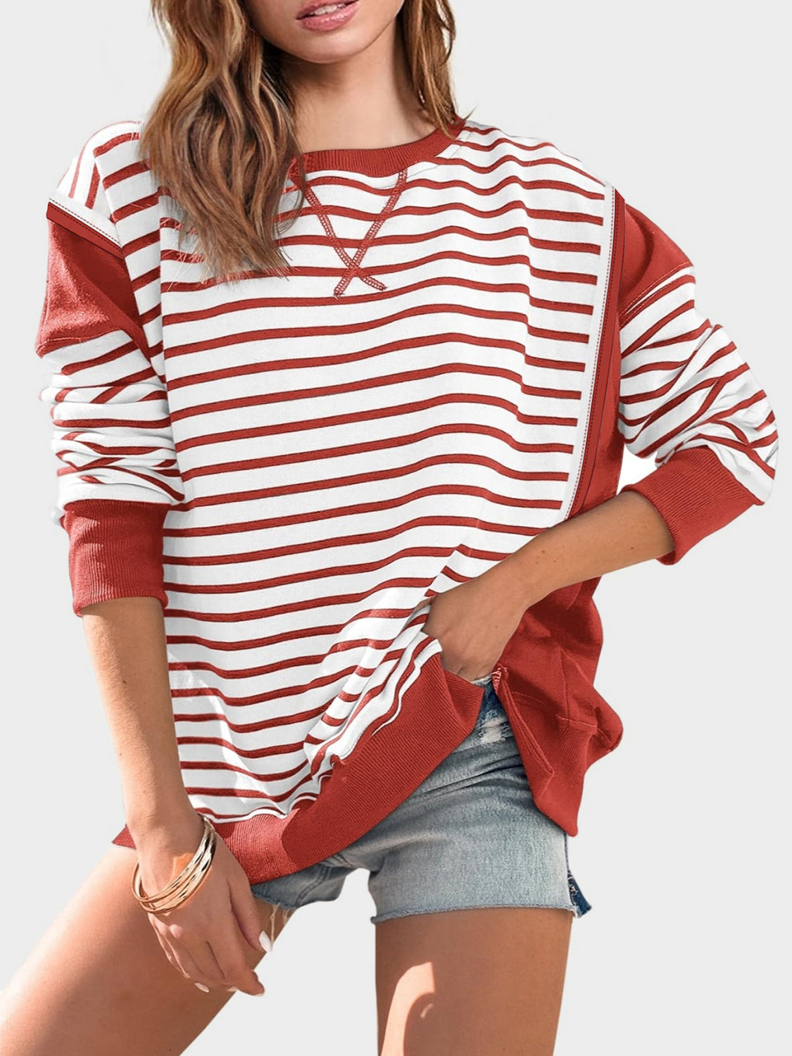 Slit Exposed Seam Striped Long Sleeve Sweatshirt 