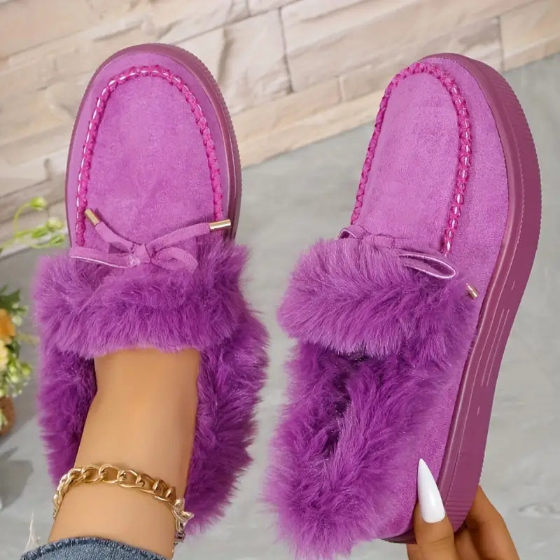 Bow Furry Round Toe Flat Slip-Ons 