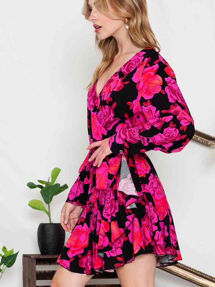 Floral Print Surplice Neck Long Sleeve Dress Dresses