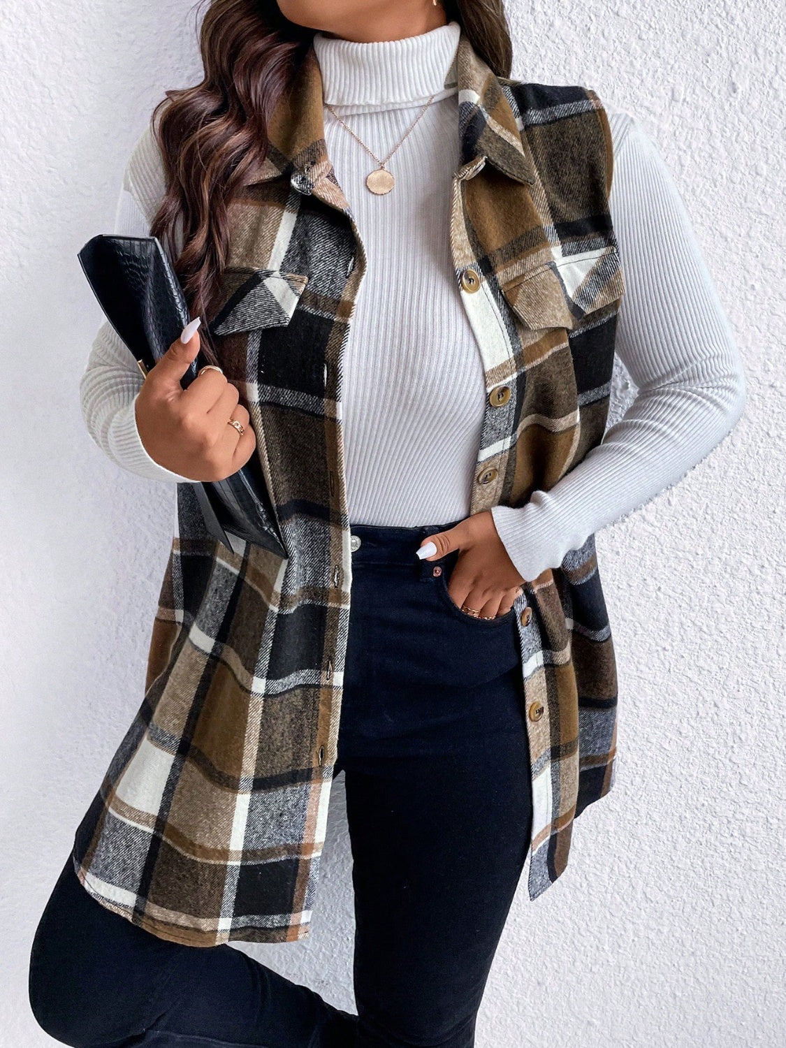 Honey Plus Size Pocketed Plaid Button Up Vest Coat 