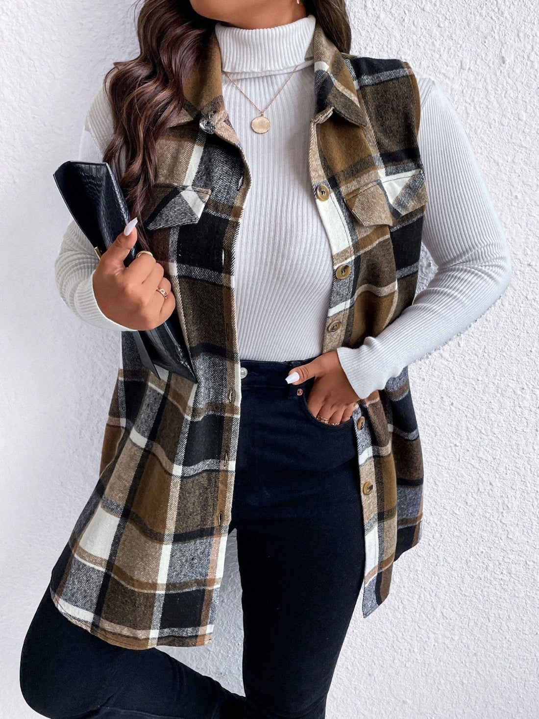 Honey Plus Size Pocketed Plaid Button Up Vest Coat 