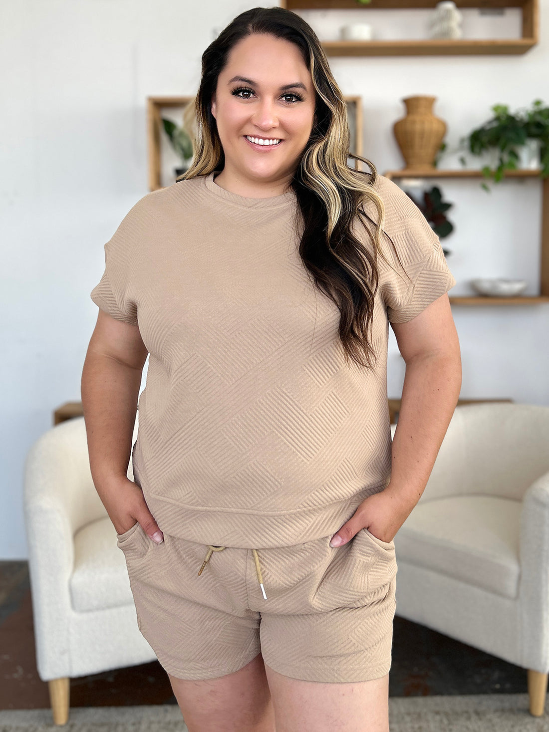 Double Take Full Size Texture Short Sleeve T-Shirt and Drawstring Shorts Set 