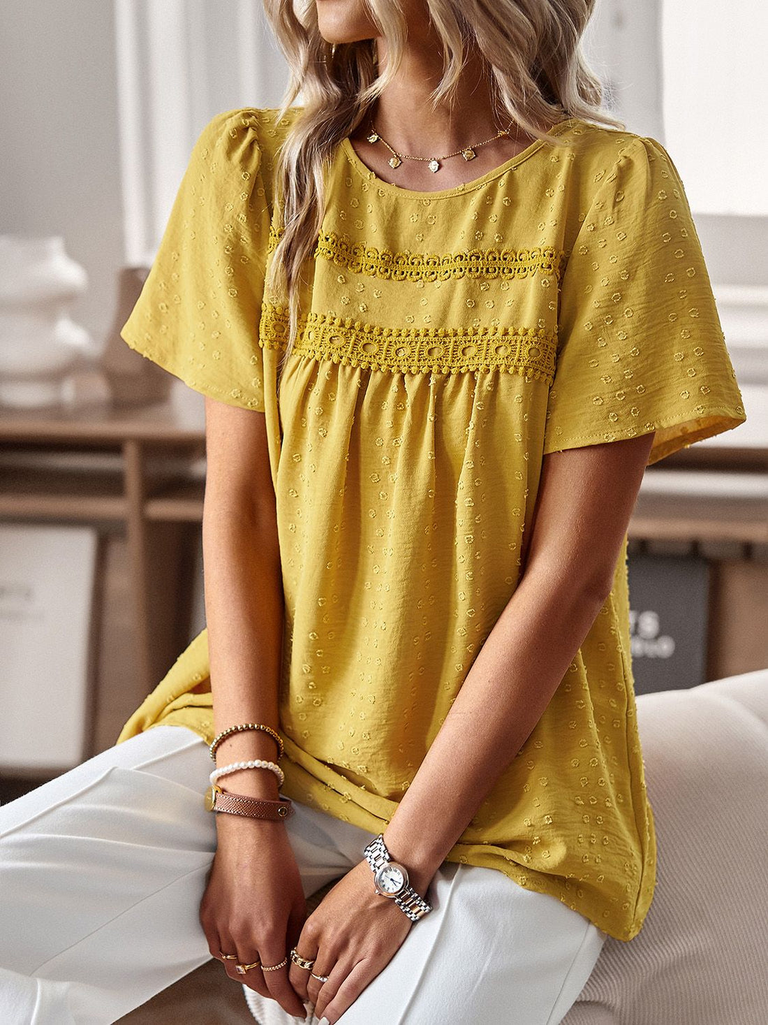 Devine Lace Detail Round Neck Short Sleeve Blouse 