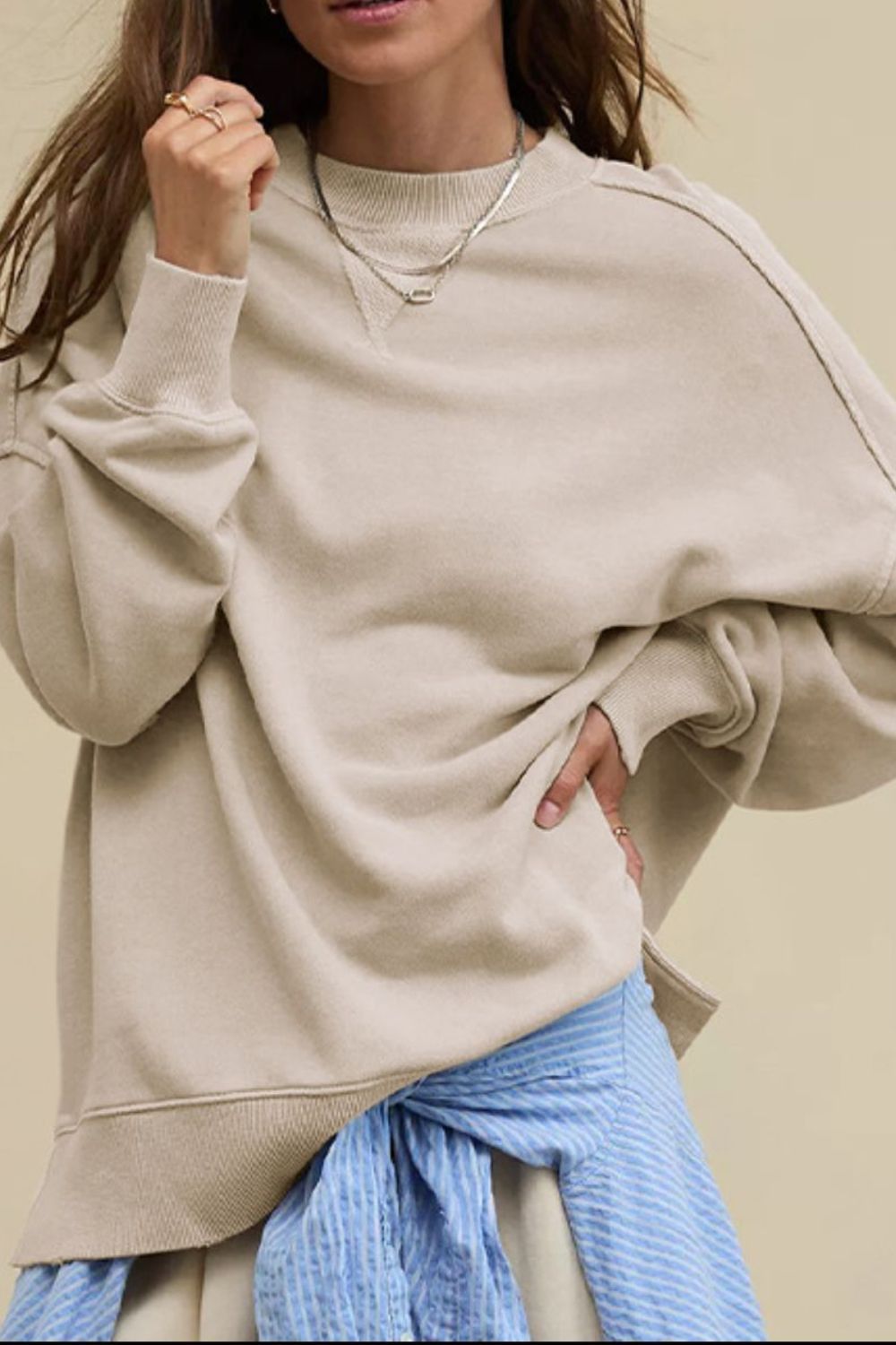 Side Slit Round Neck Long Sleeve Sweatshirt 