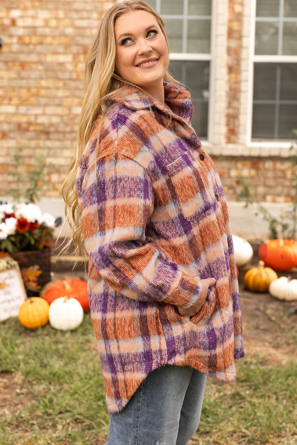 Plus Size Plaid Collared Neck Long Sleeve Jacket 