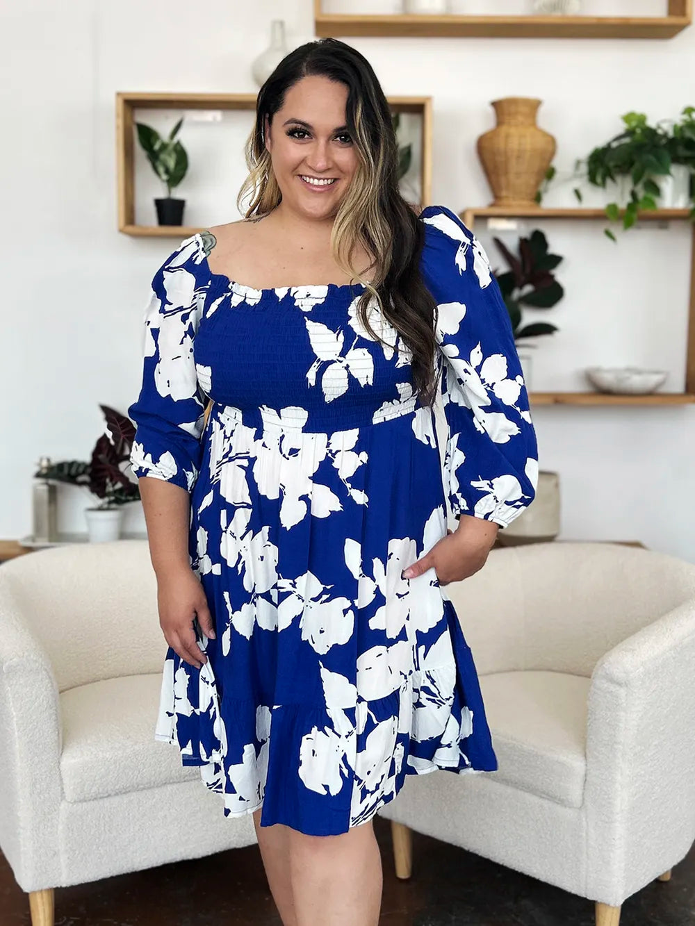 Double Take Full Size Floral Ruffle Hem Smocked Dress with Pockets 