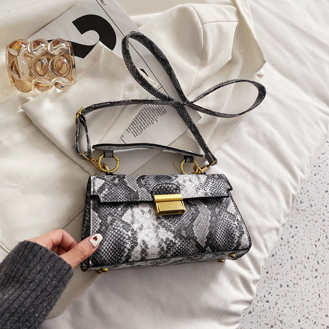 PU Leather Snakeskin Print Crossbody Bag 