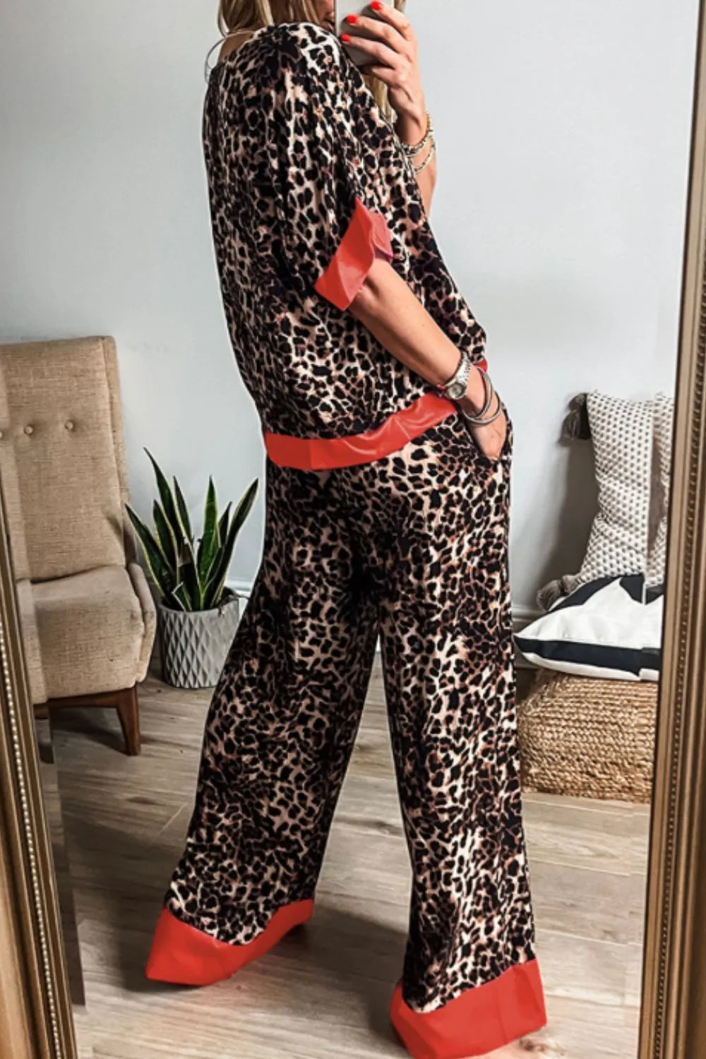 Contrast Trim Leopard Round Neck Top and Pants Lounge Set Lingerie & Nightwear