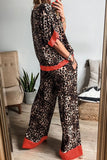 Contrast Trim Leopard Round Neck Top and Pants Lounge Set Lingerie & Nightwear