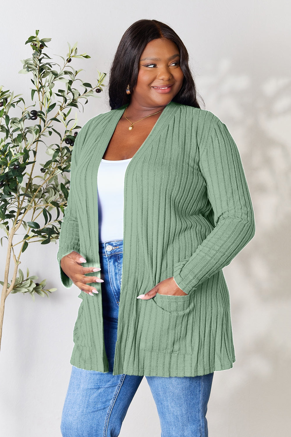 Basic Bae Full Size Ribbed Open Front Cardigan with Pockets 