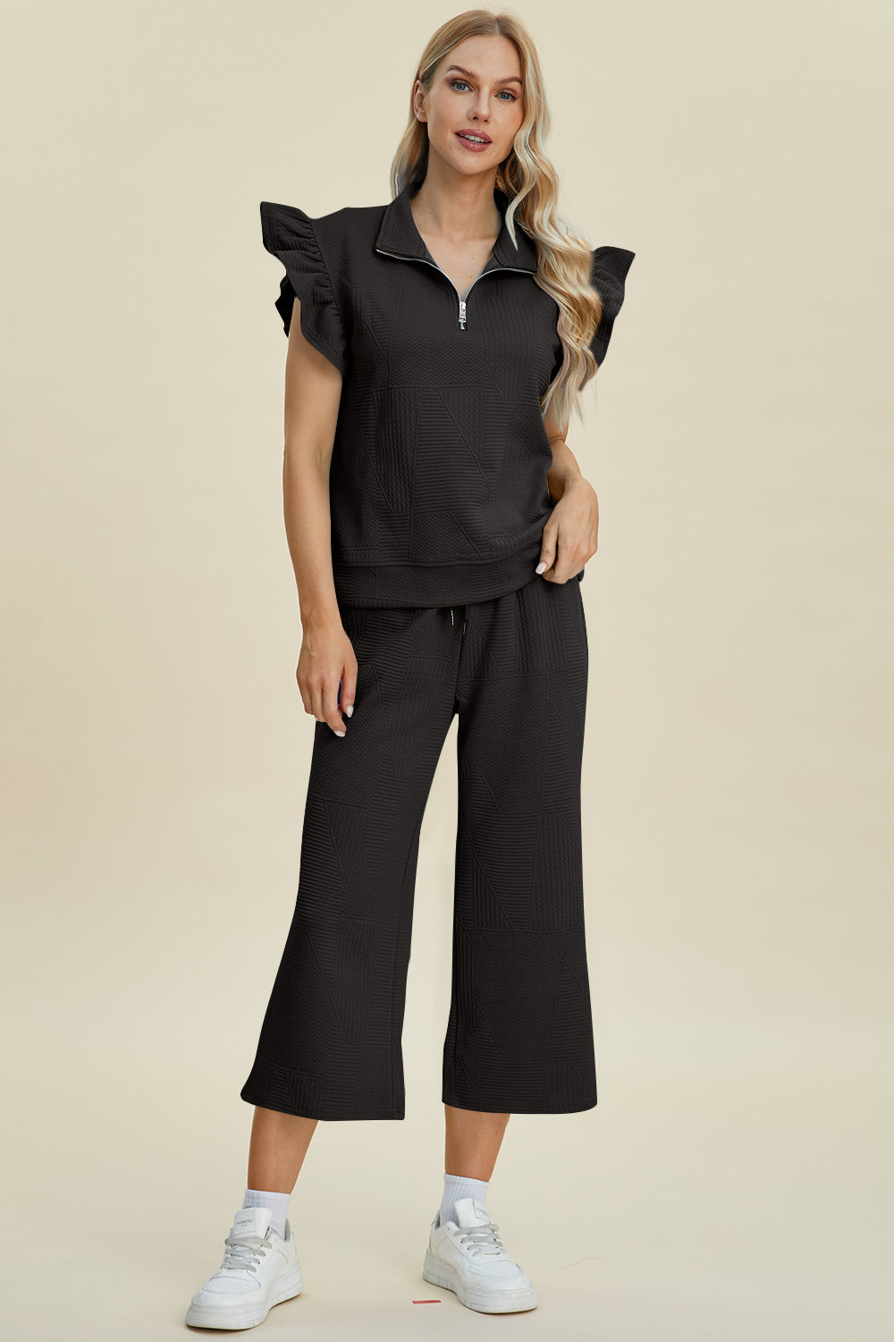 Double Take Full Size Texture Ruffle Short Sleeve Top and Wide Leg Pants Set 