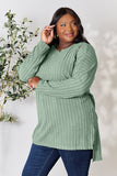 Basic Bae Full Size Ribbed Round Neck Long Sleeve Slit Top 