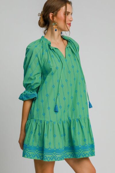 Umgee Full Size Tassel Embroidered Flounce Sleeve Mini Dress Plus Size Dresses