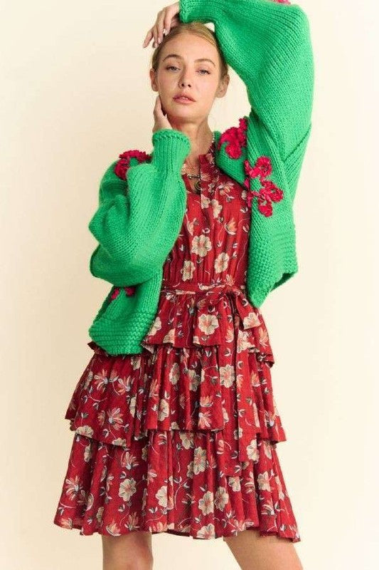 Davi & Dani Floral Applique Open Front Drop Shoulder Cardigan 