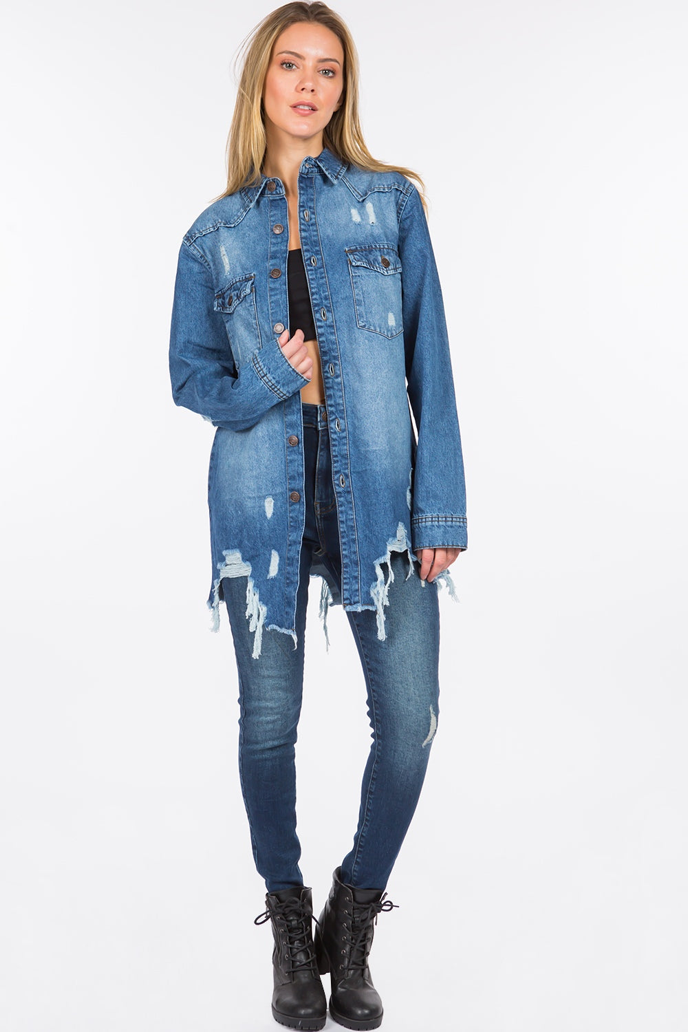 American Bazi Distressed Frayed Hem Denim Jacket 