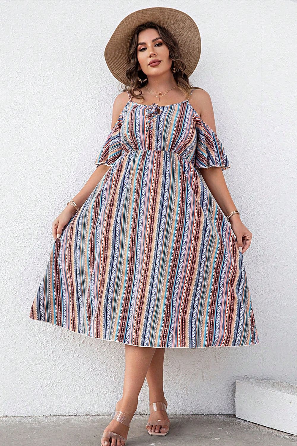 Plus Size Striped Cold-Shoulder Dress 