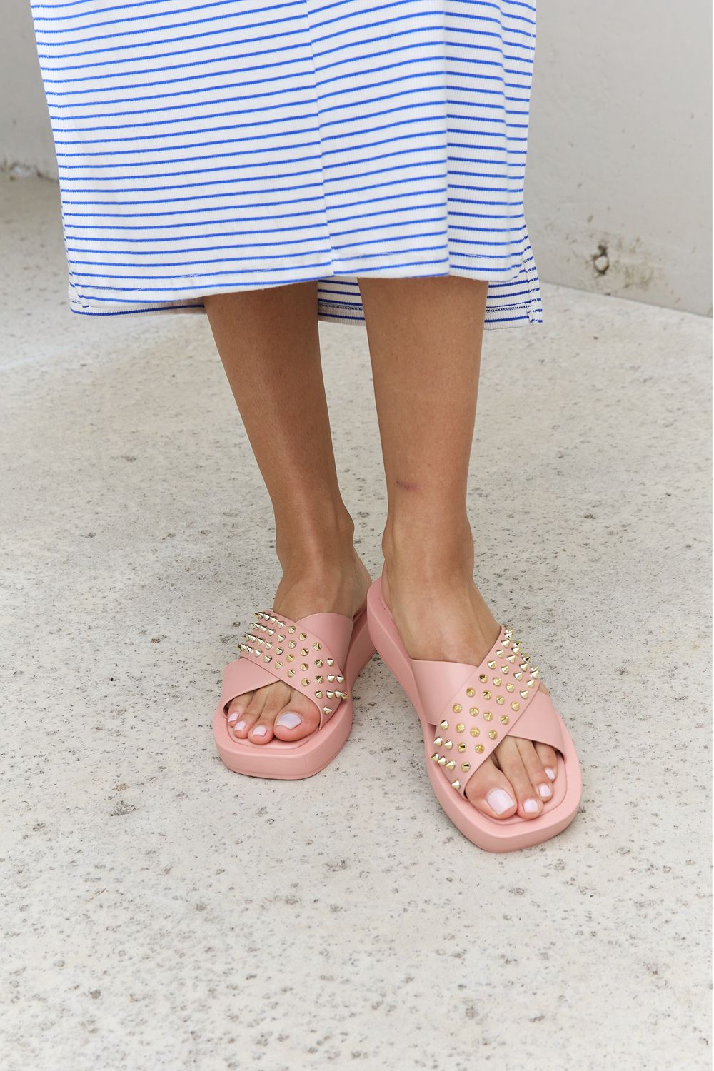 Forever Link Studded Cross Strap Sandals in Blush Footwear