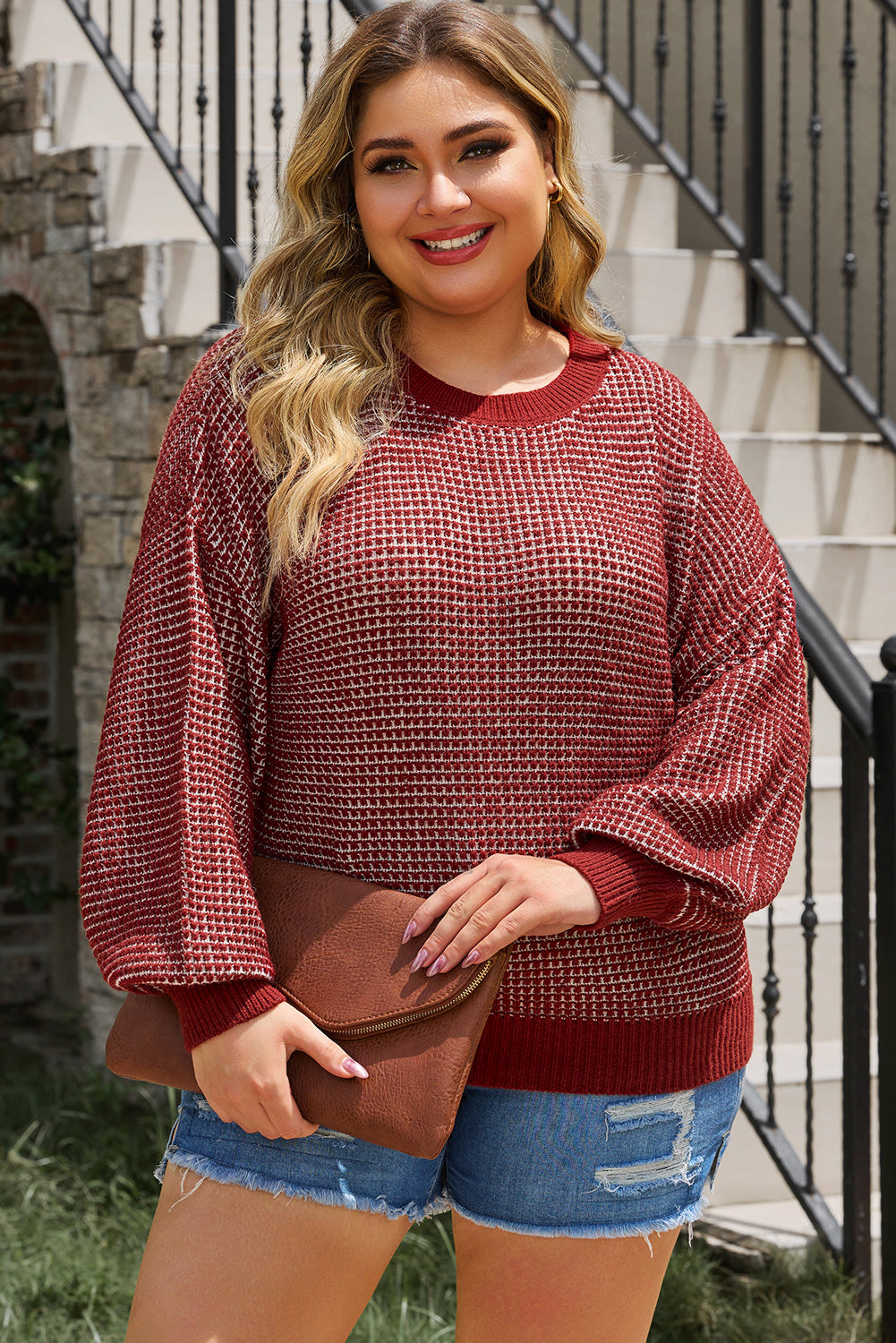 Plus Size Waffle-Knit Round Neck Dropped Shoulder Sweater 