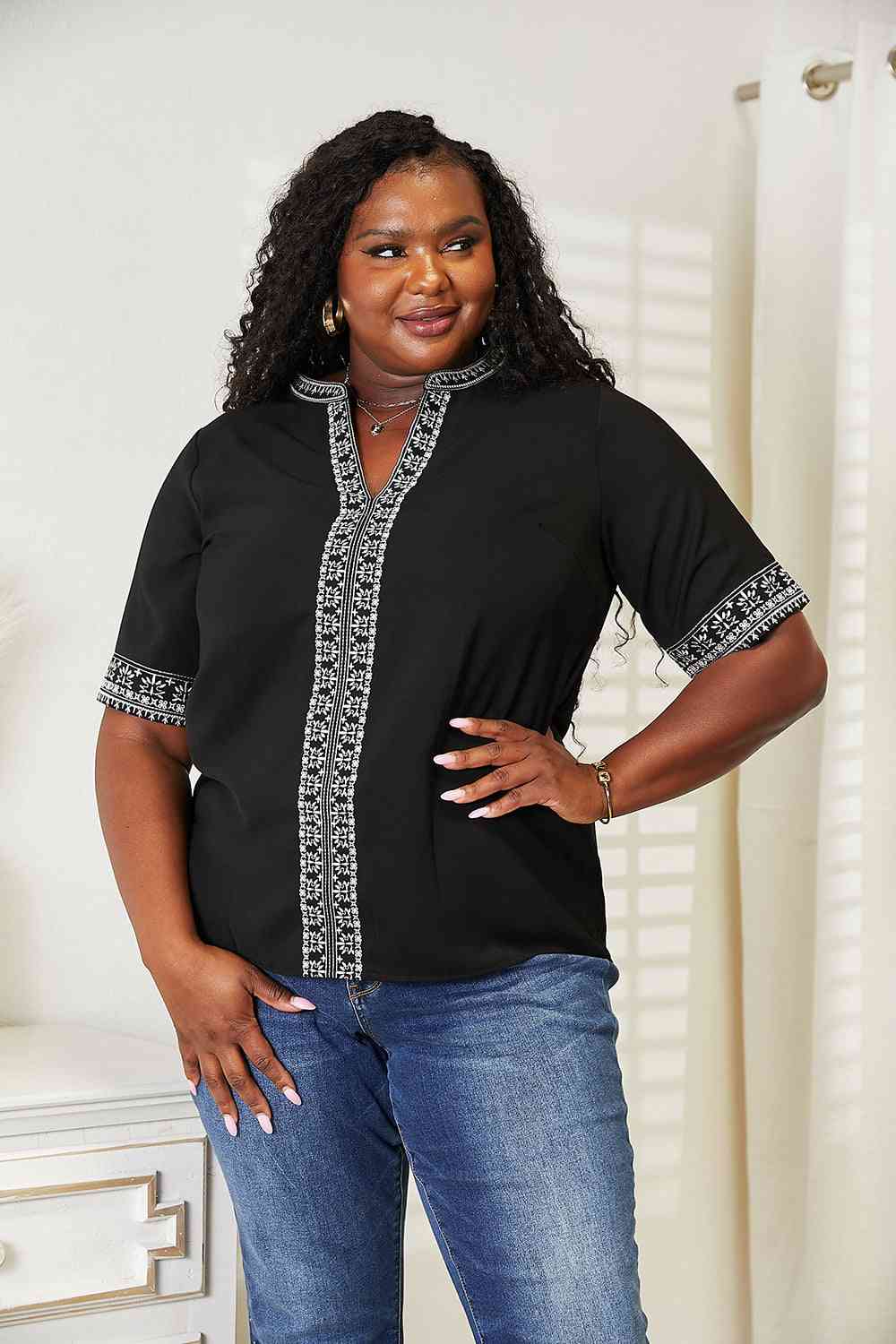 Double Take Embroidered Notched Neck Top 