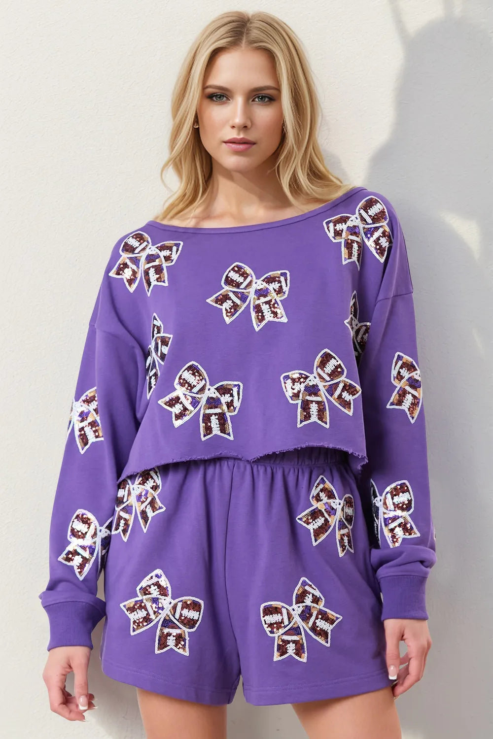 Double Take Sequin Bow Cropped Top and Shorts Set 