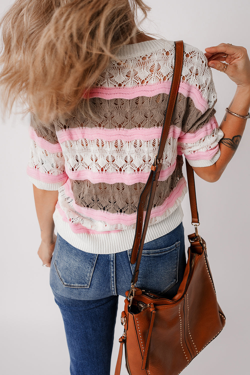 Brown Stripe Color Block Hollow Out Crochet Half Sleeve Sweater Sweaters & Cardigans/Short Sleeve Sweaters