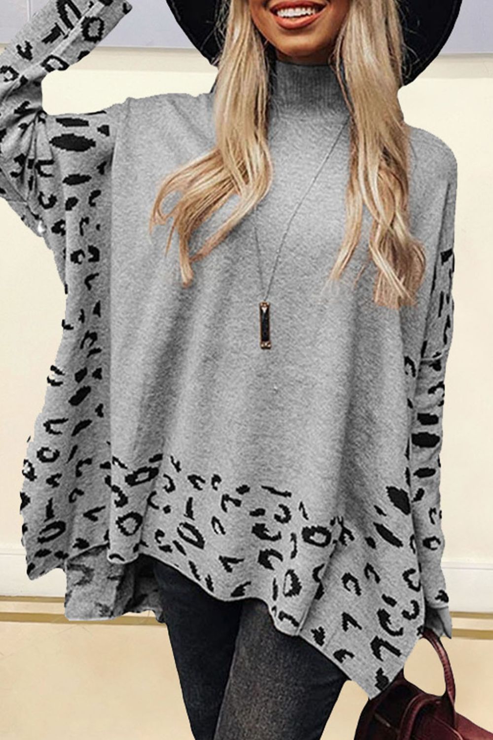 Slit Leopard Mock Neck Dropped Shoulder Sweater 