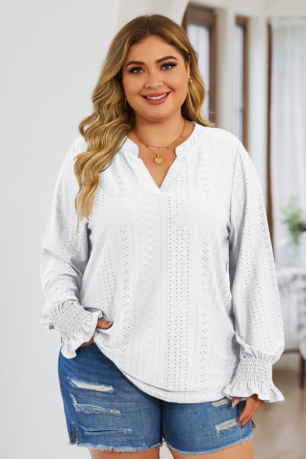 Plus Size Eyelet Notched Flounce Sleeve Blouse 