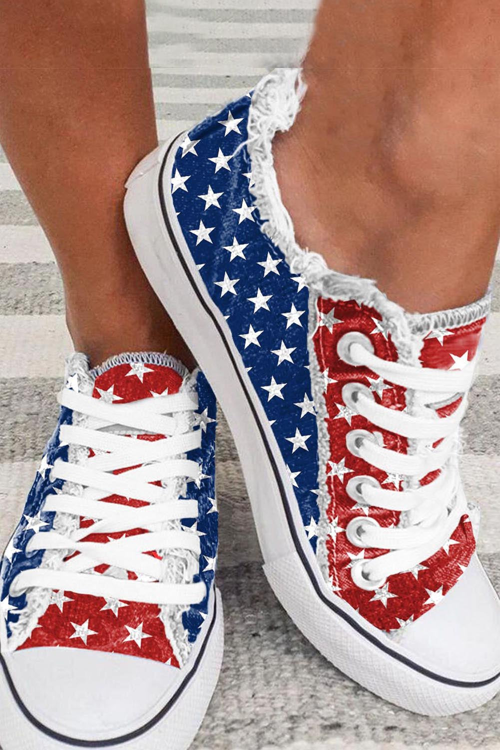 Multicolor American Flag Stars Printed Frayed Detail Lace-up Shoes Shoes & Bags/Women's Shoes