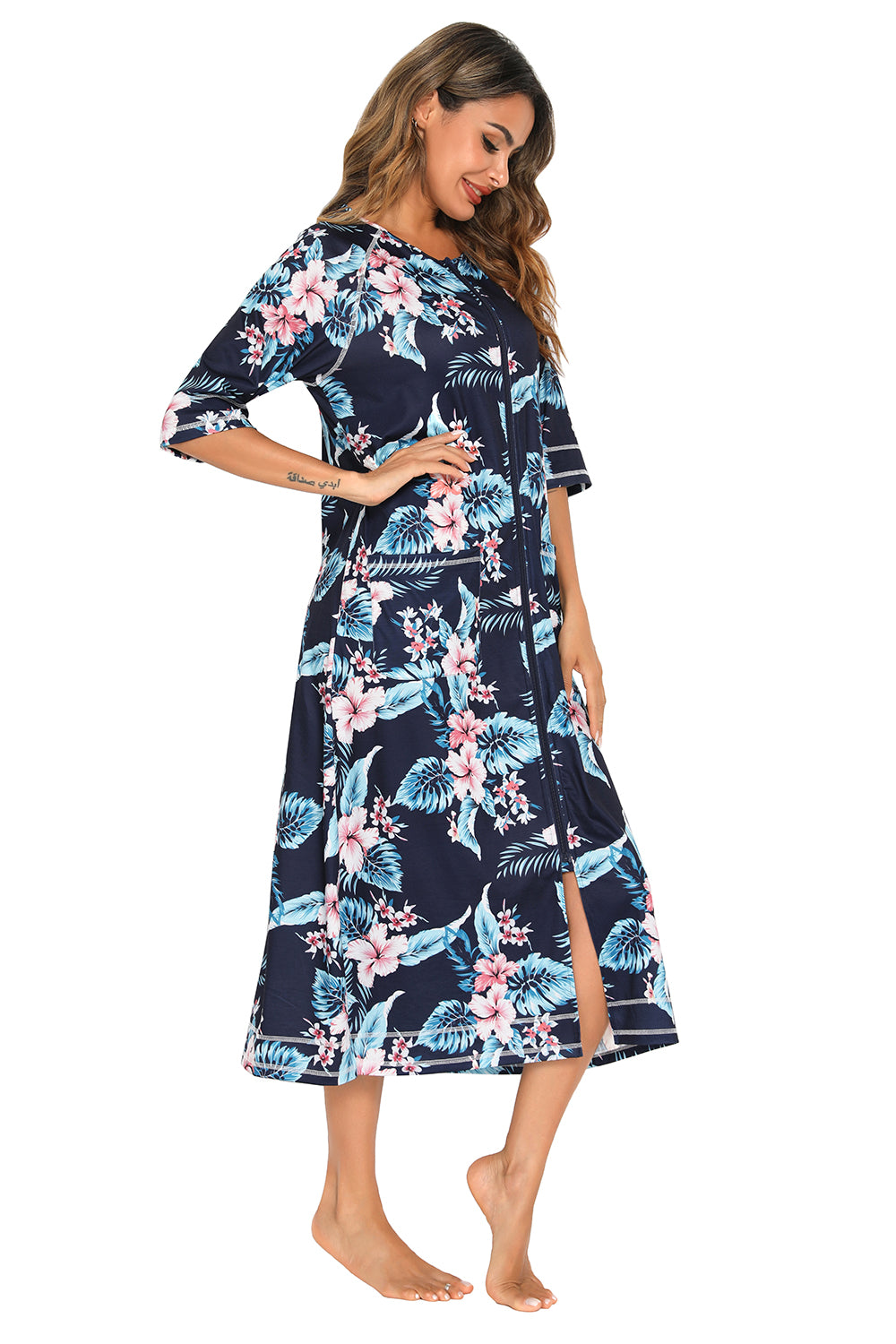 Printed Slit Night Dress with Pockets 