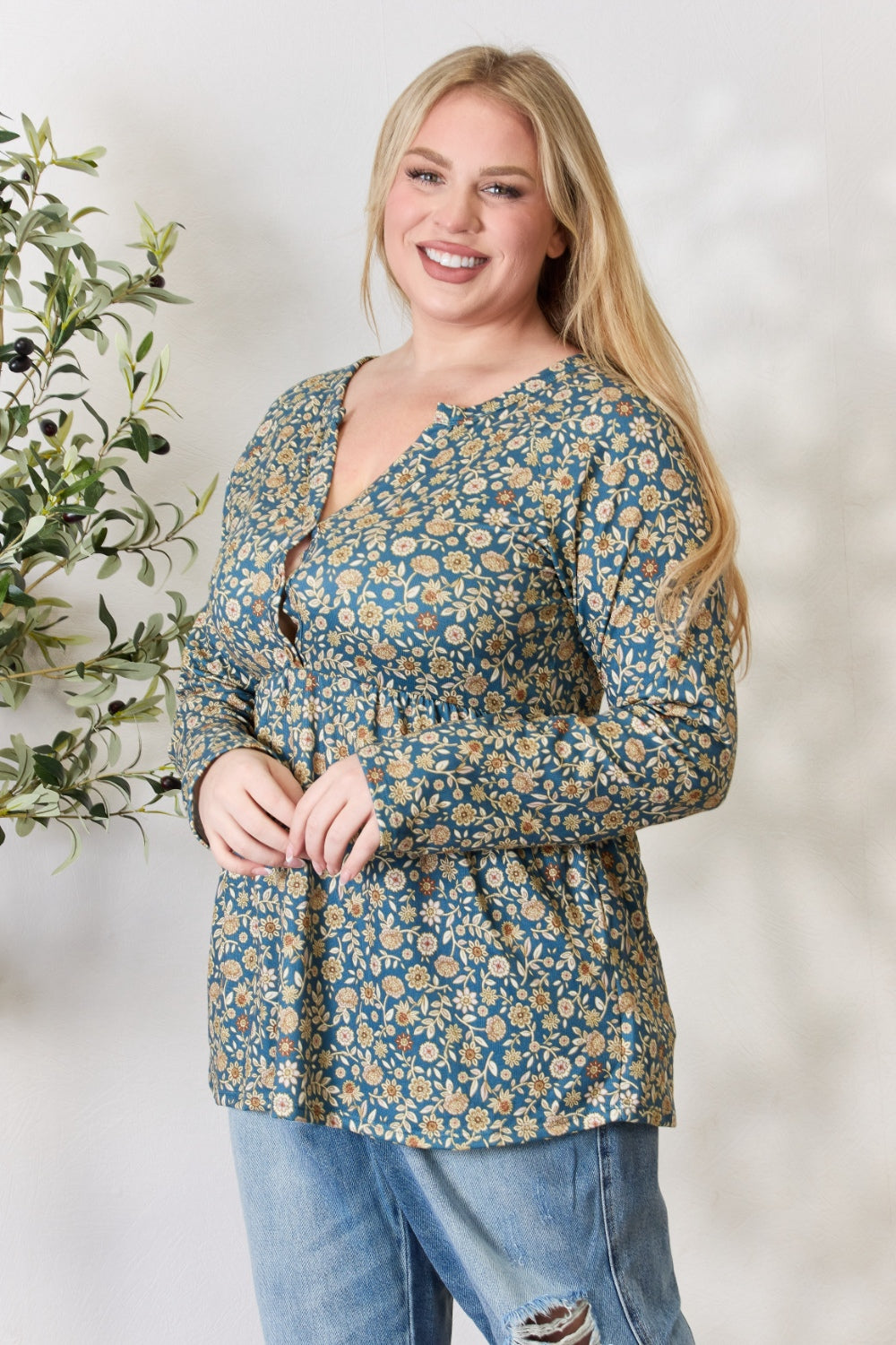Heimish Full Size Floral Half Button Long Sleeve Blouse 