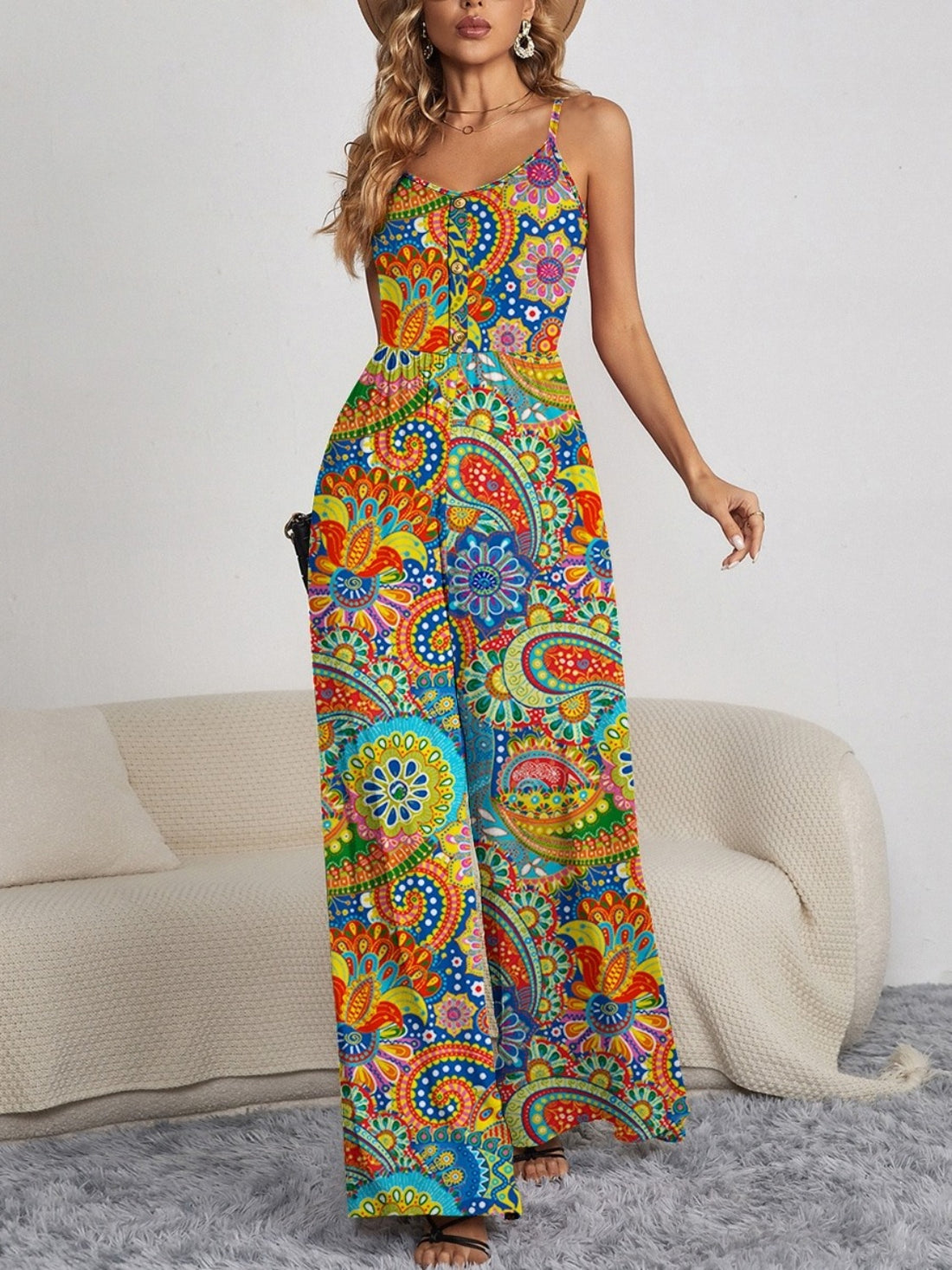 FAM-FAM Decorative Button Spaghetti Strap Wide Leg Jumpsuit 