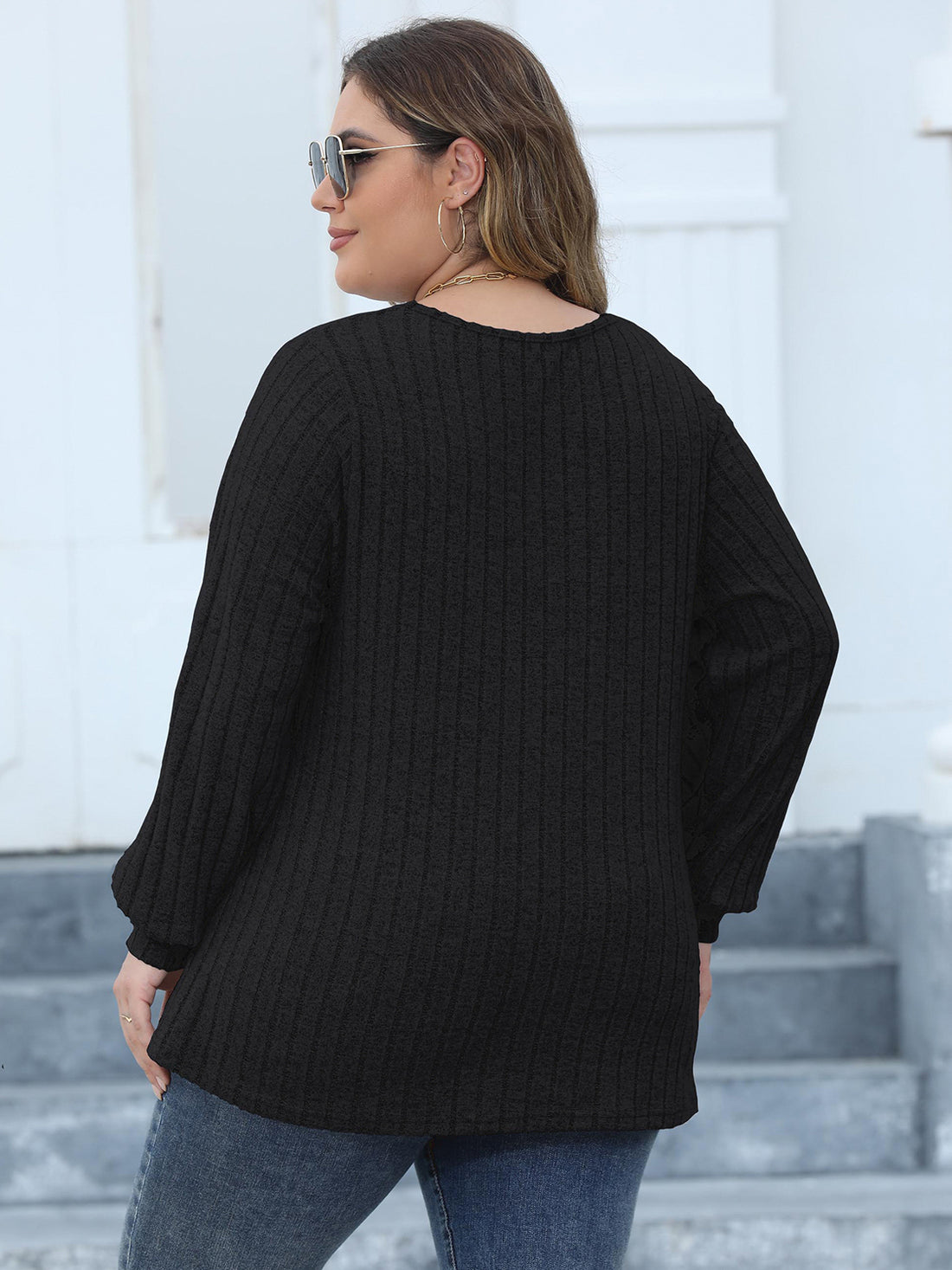 Plus Size Ribbed V-Neck Long Sleeve Top 