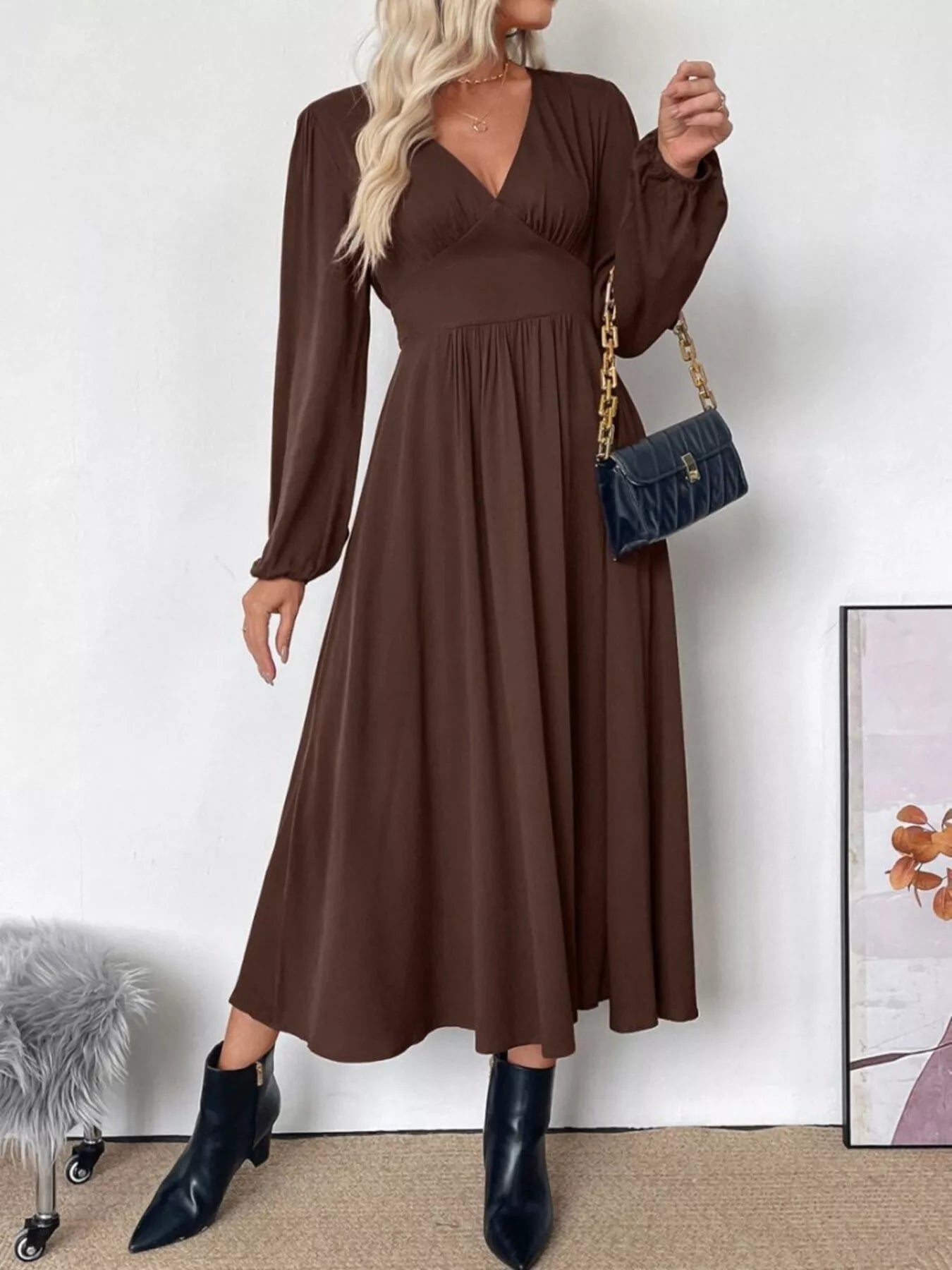V-Neck Balloon Sleeve Midi Dress 