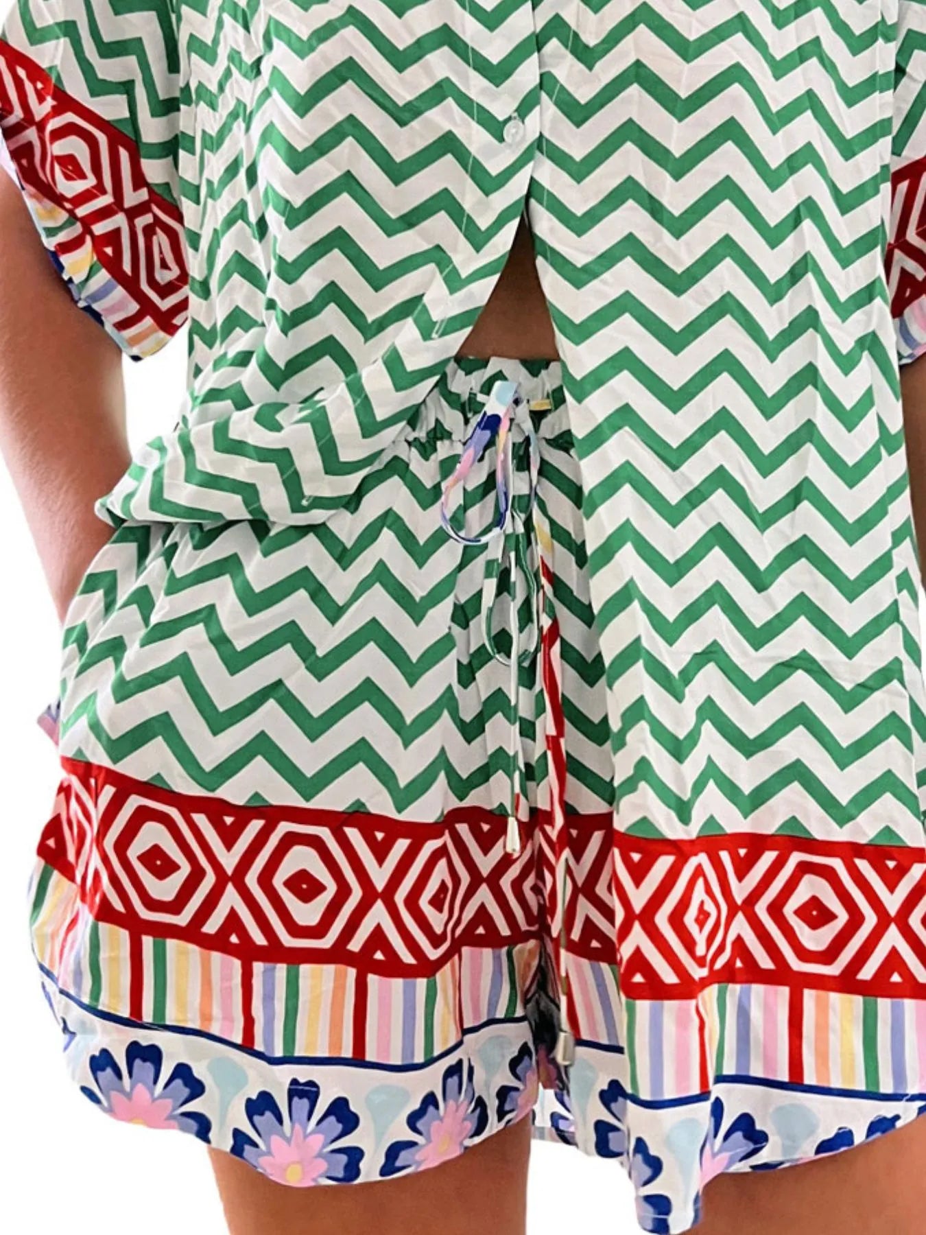 Printed Button Up Shirt and Shorts Set Two Piece Dresses