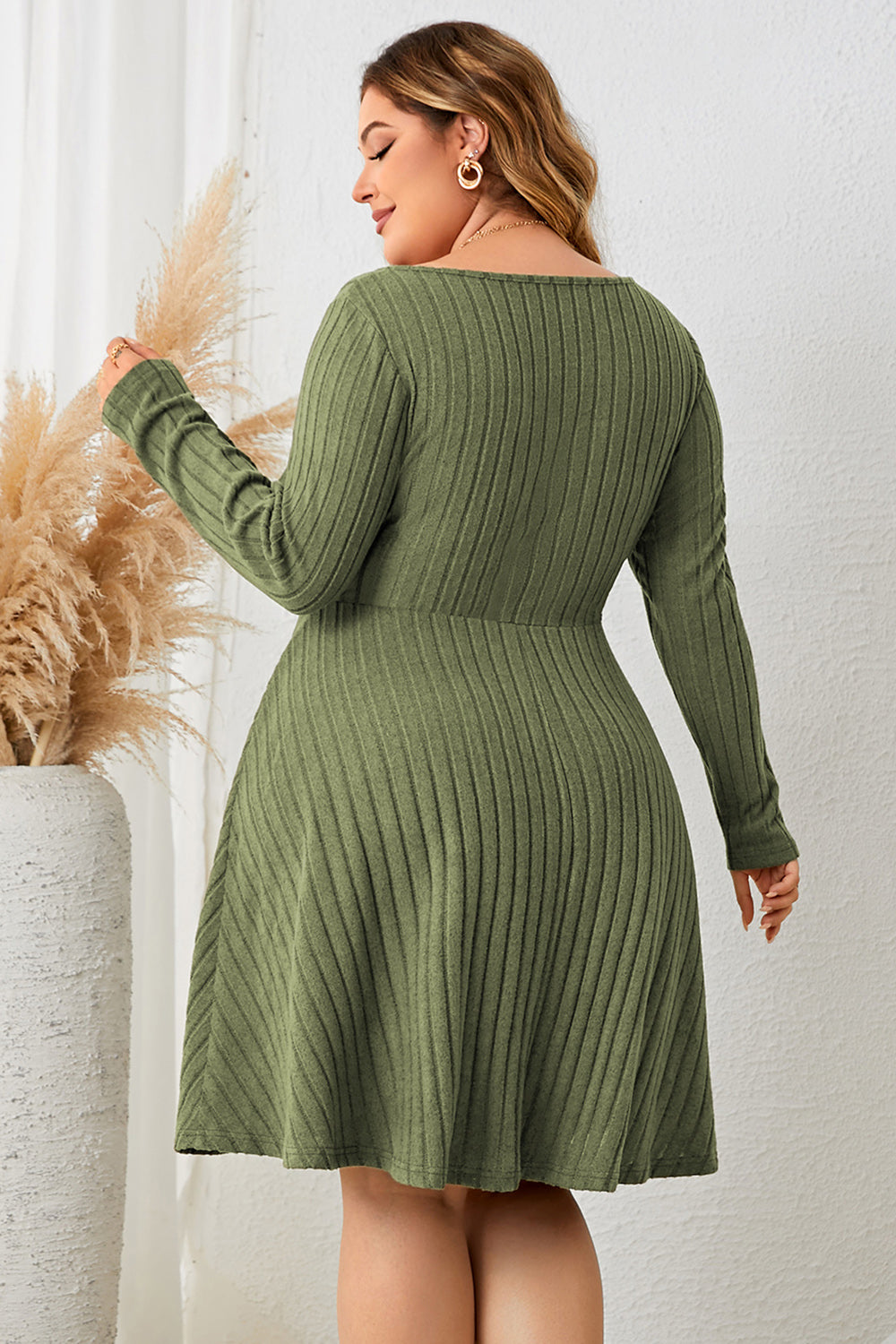 Honey Plus Size Sweetheart Neck Long Sleeve Ribbed Dress 