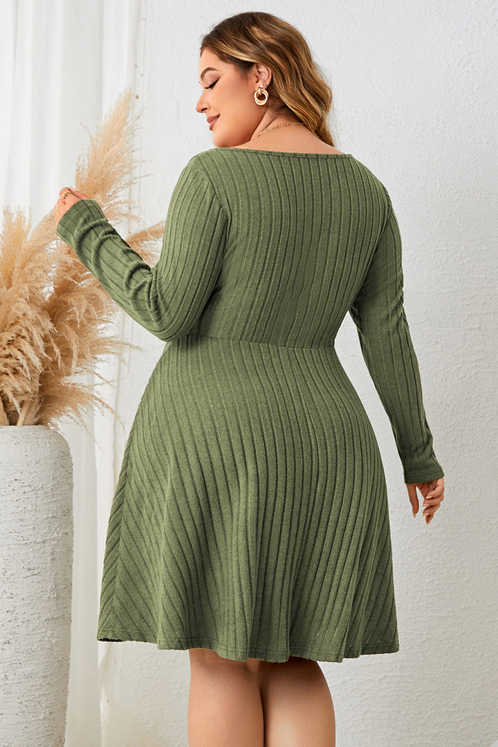 Honey Plus Size Sweetheart Neck Long Sleeve Ribbed Dress 