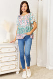 Perfee Floral Tie Neck Short Sleeve Blouse 