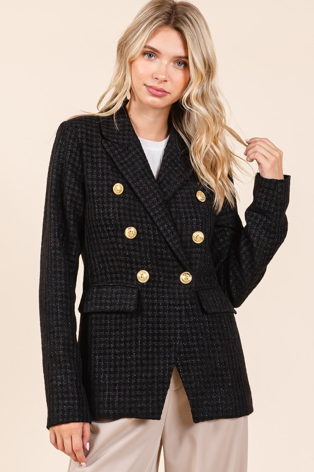 Mittoshop Plaid Texture Double-Breasted Long Sleeve Blazer 
