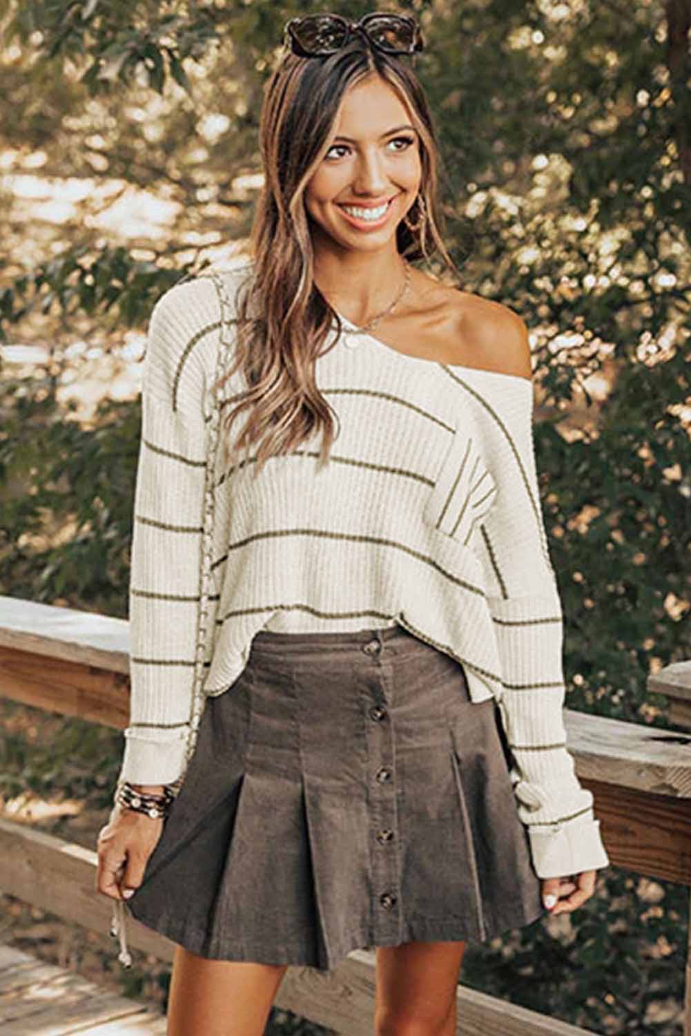 Striped V-Neck Drop Shoulder Sweater 