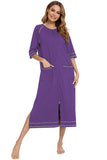 Zip Up Slit Round Neck Night Dress with Pockets 