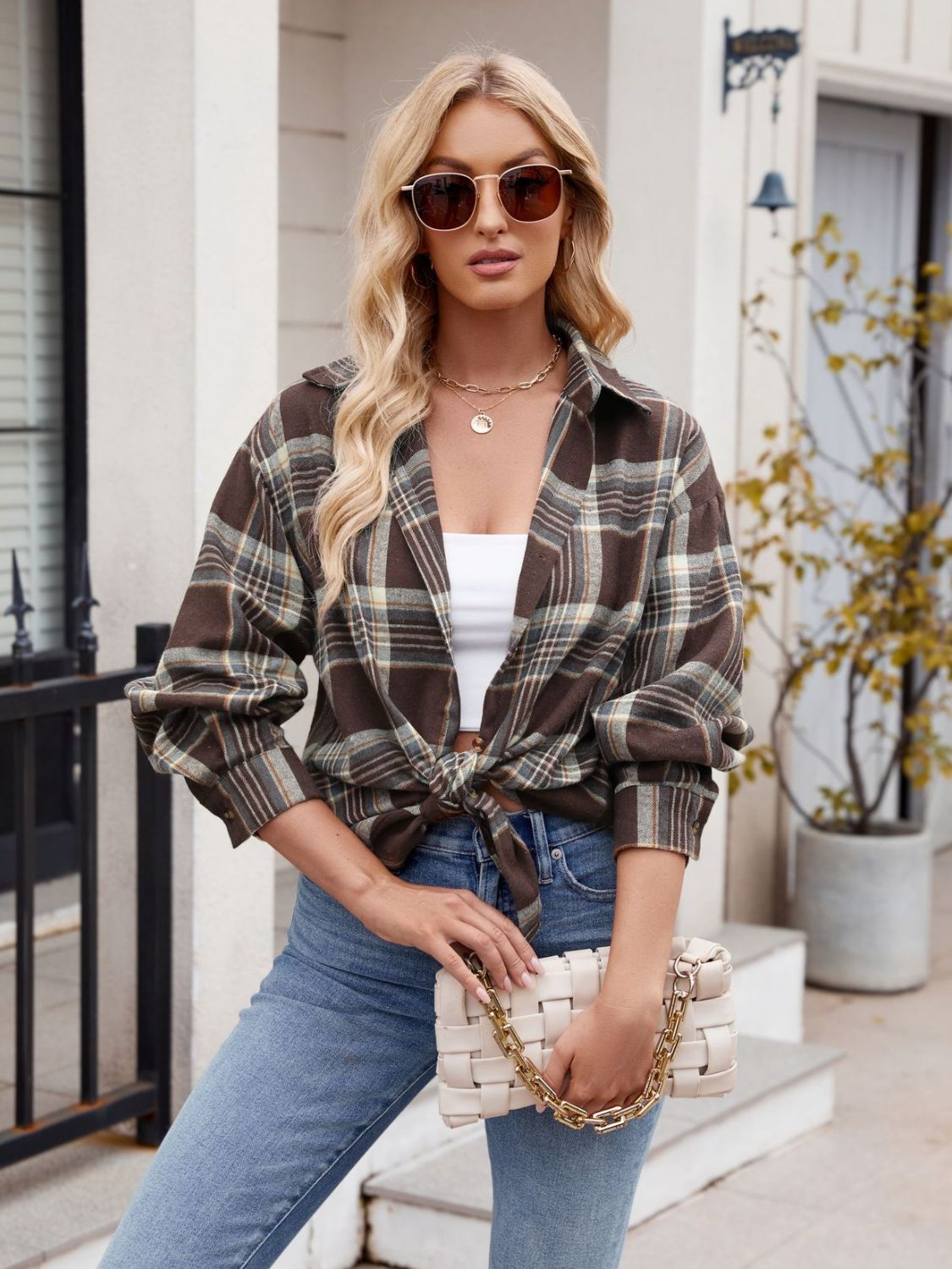 Mandy Pocketed Plaid Collared Neck Long Sleeve Shirt 