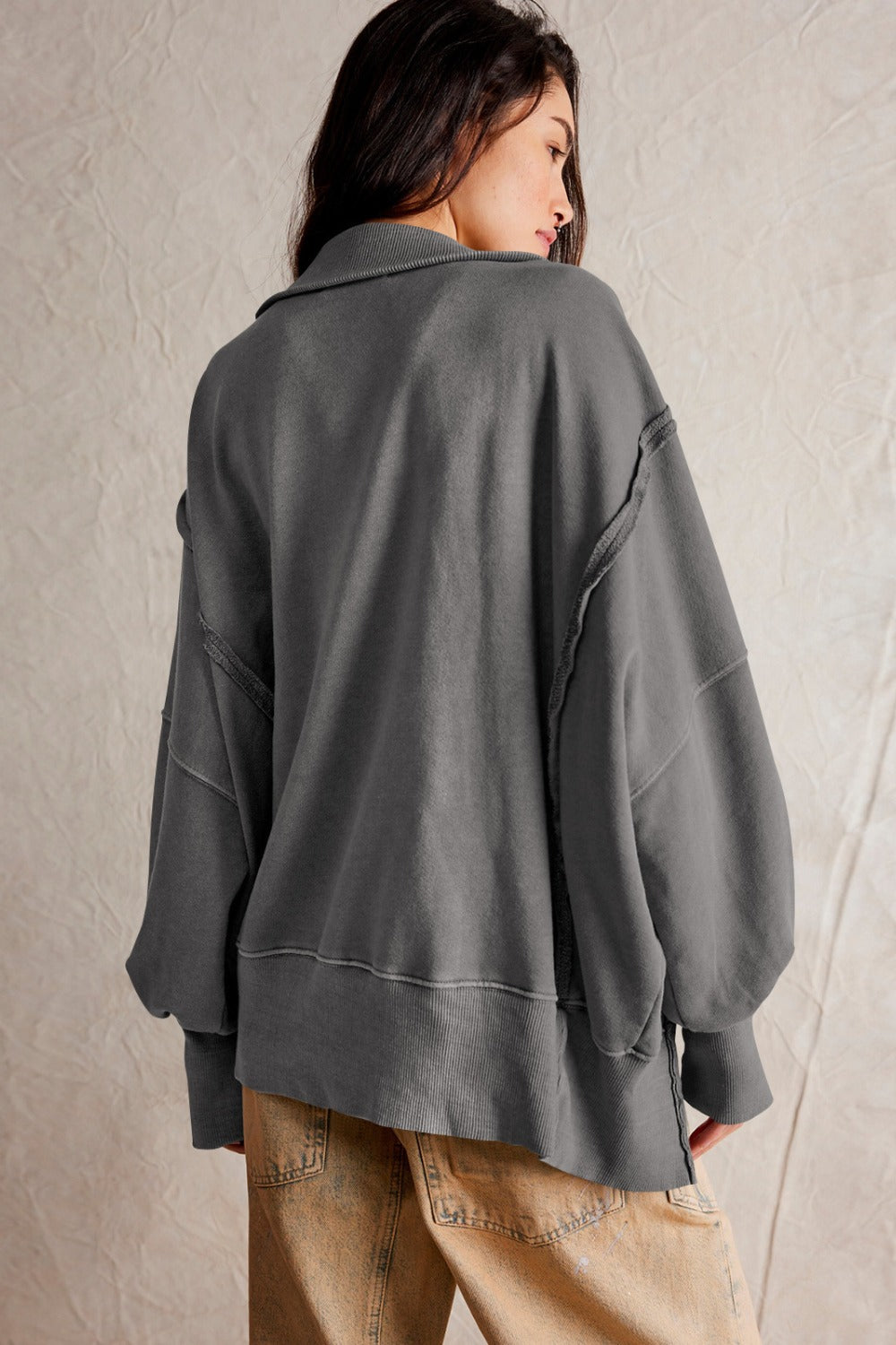 Exposed Seam Side Slit Long Sleeve Sweatshirt 