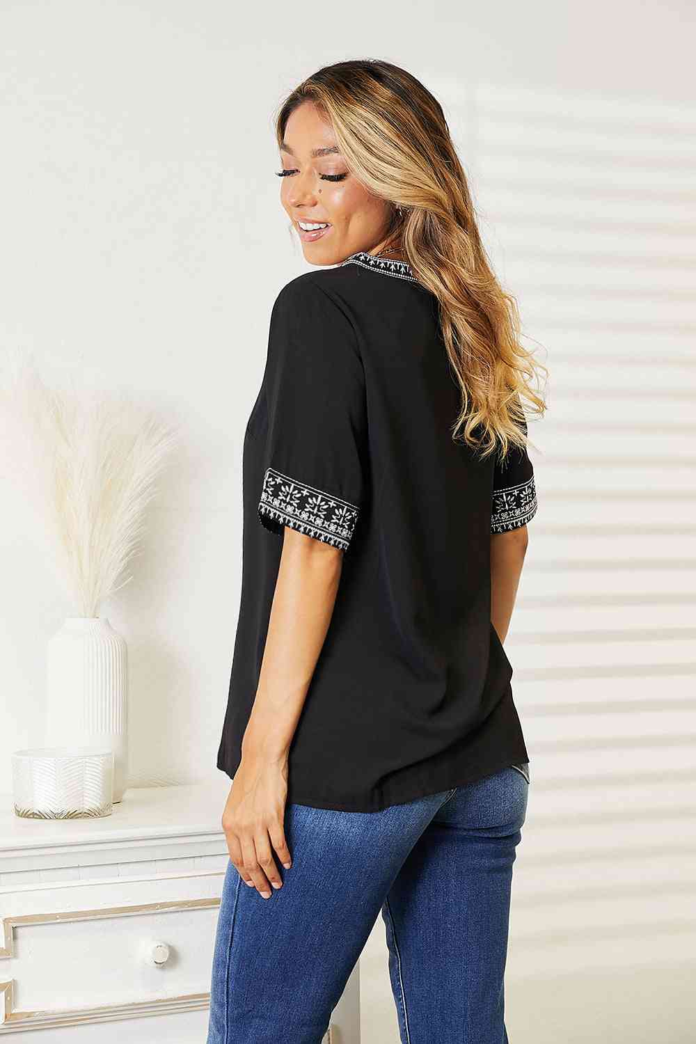 Double Take Embroidered Notched Neck Top 
