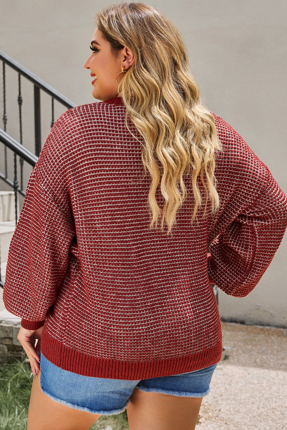 Plus Size Waffle-Knit Round Neck Dropped Shoulder Sweater 