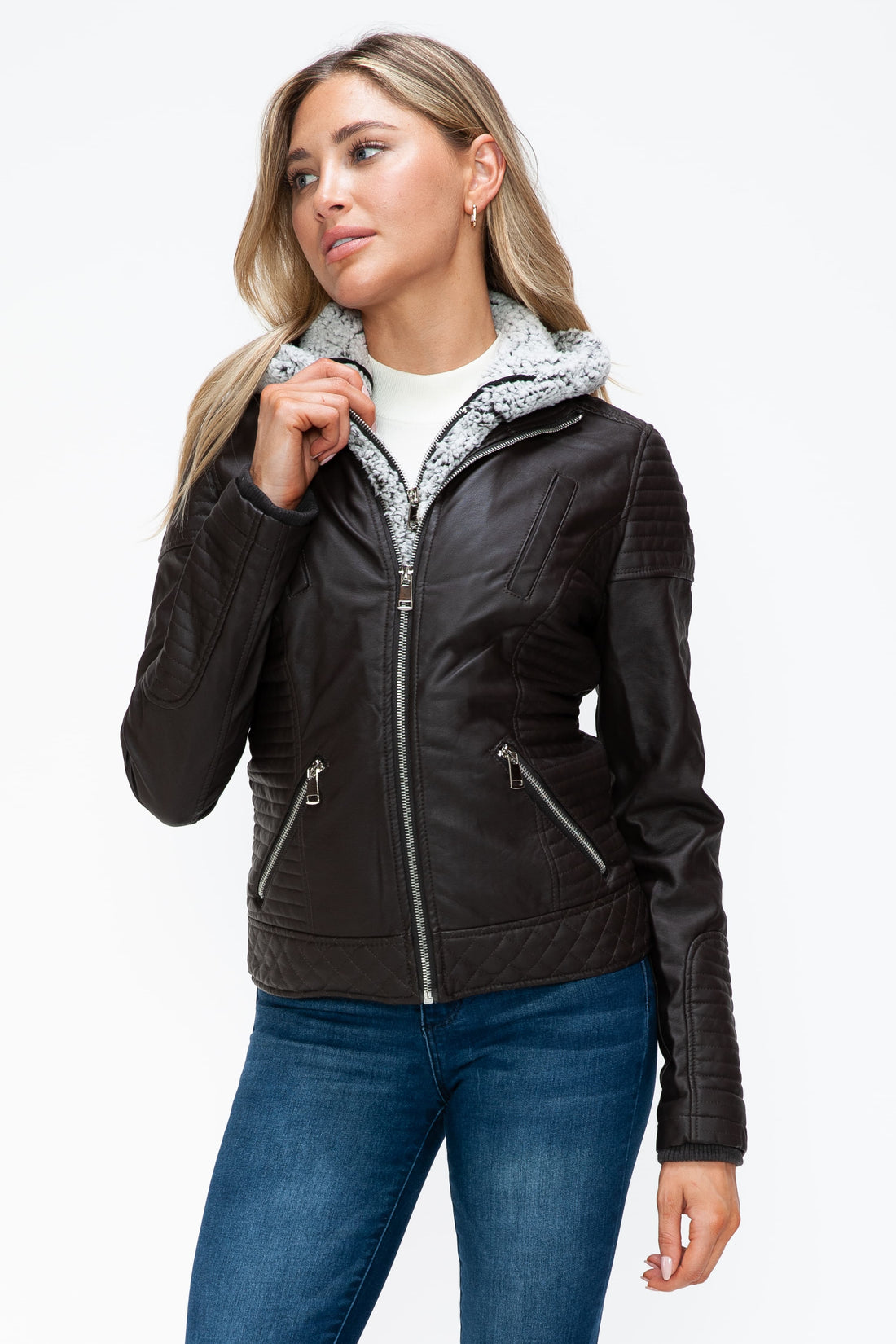 YMI Faux Layered Double-Zipper Jacket with Fuzzy Hood 