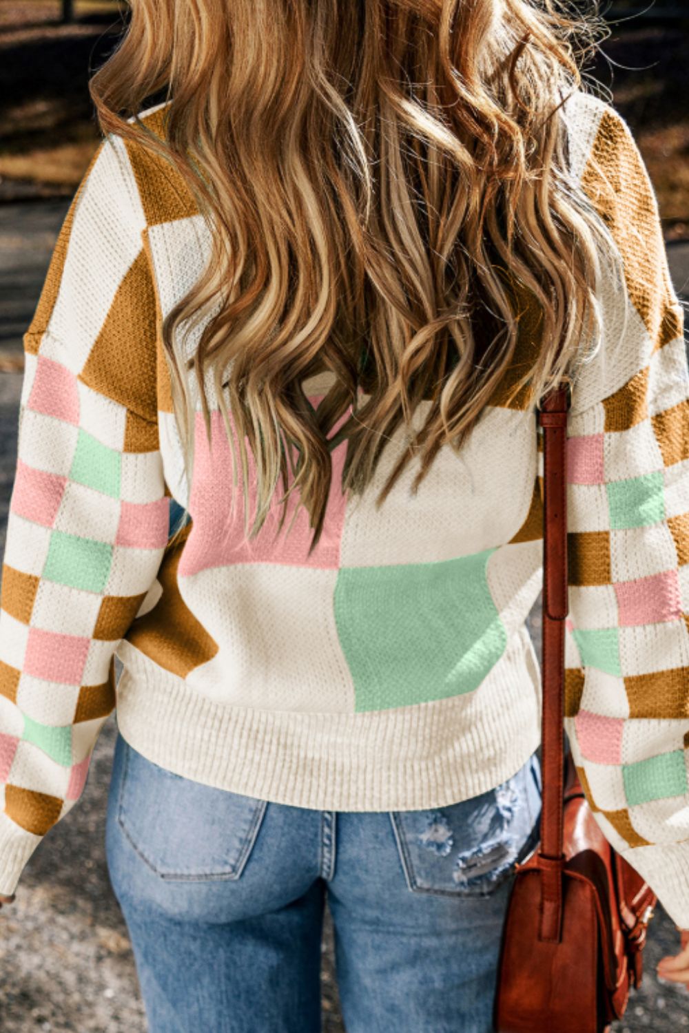Checkered Round Neck Drop Shoulder Sweater 