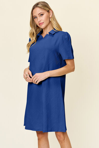 Double Take Full Size Texture Collared Neck Short Sleeve Dress 