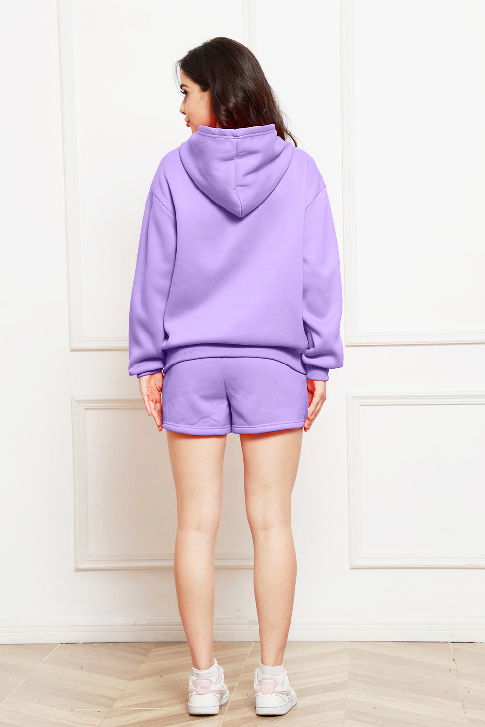 Drop Shoulder Long Sleeve Hoodie and Shorts Set 